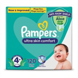 Pampers Ultra Skin Comfort Diapers Size 4+ (10-15kg) - 120 Count Mega Box with Aloe & Anti-Rash Shield